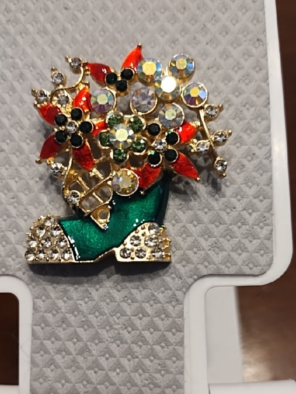 Crystal Poinsettia Boot Brooch - Green, Red, Gold